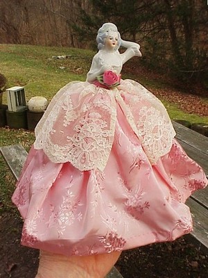 Antique Porcelain French Courtesan HALF DOLL Hoop Skirt Laced Satin BALL GOWN