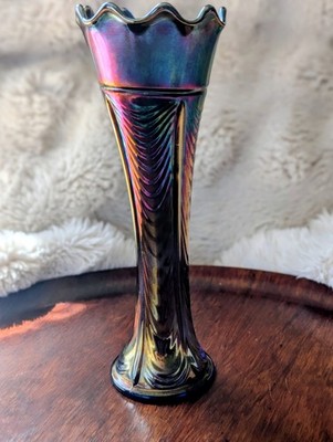 Antique Fenton Fine Rib Carnival Glass Swung Vase - Cobalt Blue - Circa 1910