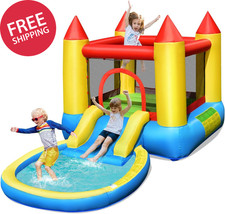 Inflatable Bounce House with Slide, 2-In-1 Kids Jumping Castle with Water Pool 