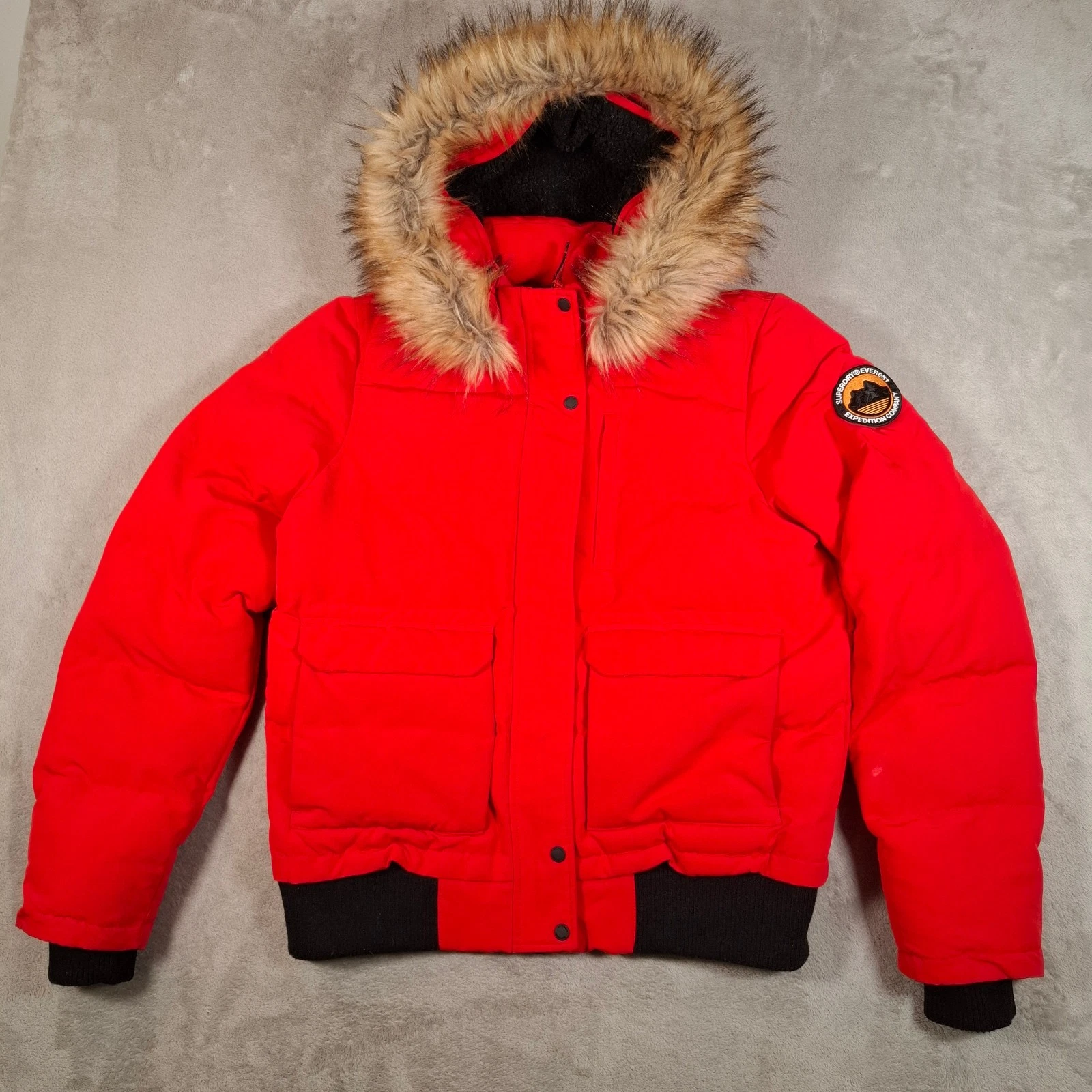 Superdry Parka Womens UK 16 Red Hooded Faux Fur Puffer Winter Coat Jacket