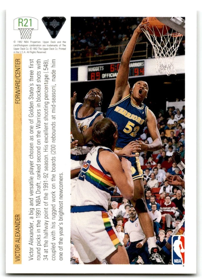1991-92 Upper Deck Rookie Standouts Victor Alexander Rookie Golden State - Image 2 of 2