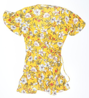 Vera & Lucy Damen kurzes Kleid gelb Blumen Wickeloptik L Rüschen Sommer