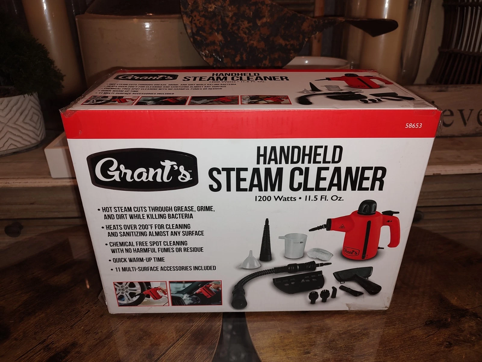 GRANT'S Handheld Steam Cleaner 1200 Watts 11.5 Fl. Oz. 9 ft Power Cord, Red