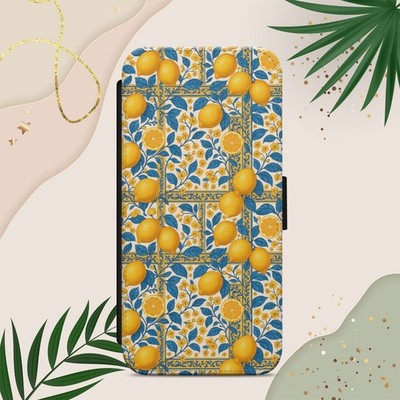 HANDYHÜLLE ZITRONENMUSTER KACHEL BLAU FÜR IPHONE SAMSUNG PIXEL FLIP WALLET