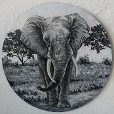Elephant Acrylic Painting Original Black and White Elephant Wall Art Round Decor