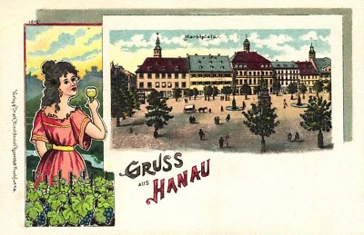 Hanau, Dame mit Weinglas, Marktplatz, um 1900/05 - Bild 1 von 2