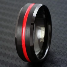 Tungsten Carbide Black Ring Thin Red Line Firefighter First Responder Band