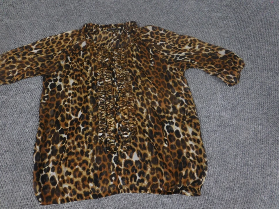 Blusa Express Mujer Pequeña Marrón Estampado Animal Botón Top Diseñador Gráfico Foto 2 de 4