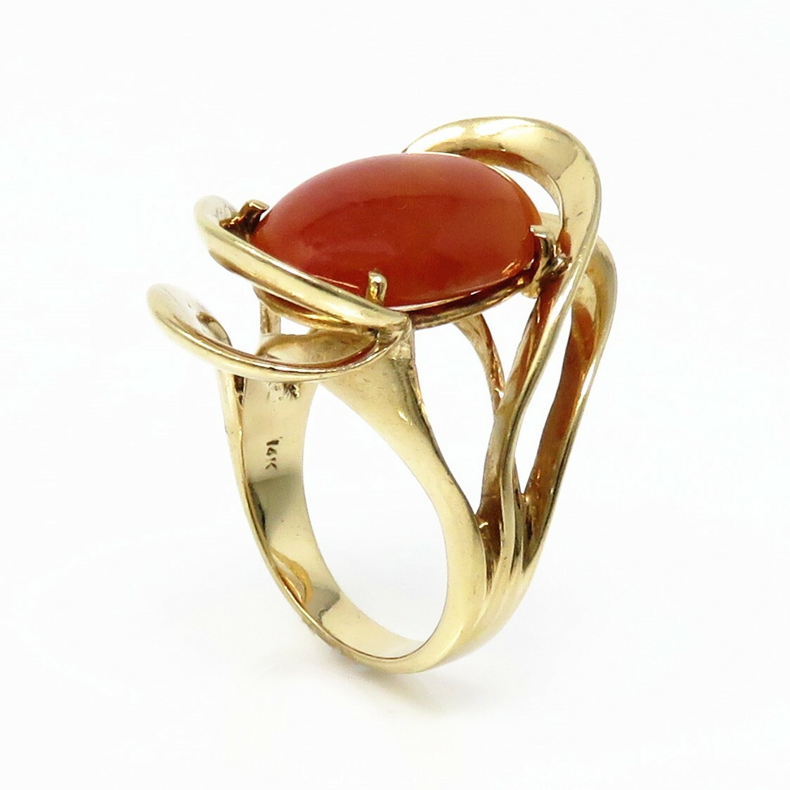 NYJEWEL 14k Yellow Gold Orange Red Jade Large Ring - image 4