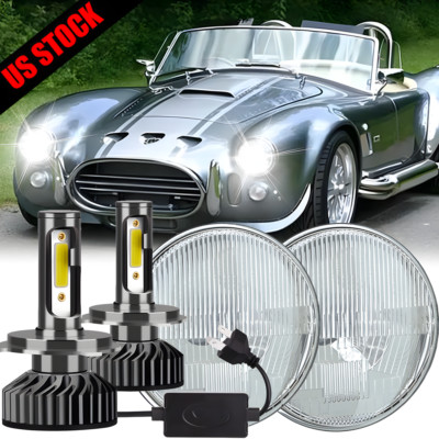 For AC Shelby Cobra 1962-1973 Pair 7 inch Round LED Headlights DRL High/Low Beam