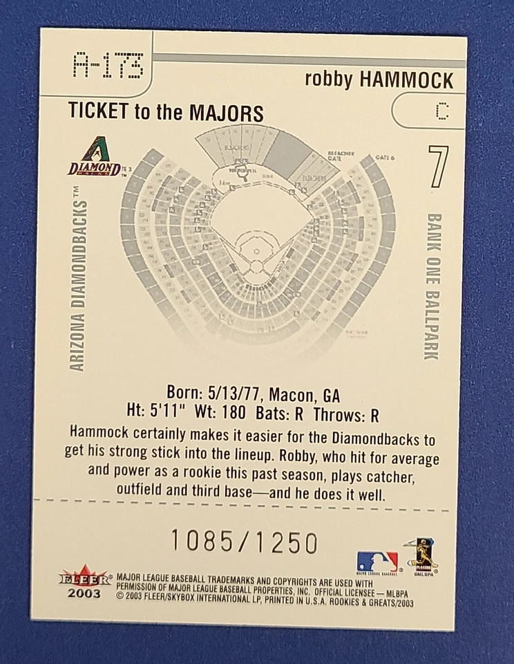 2003 Fleer Authentix Robby Hammock Ticket To The Majors Insert 1085/1250  D - Image 2 of 2