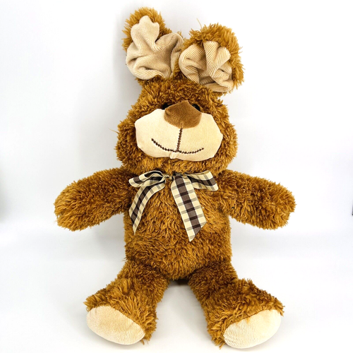 HOMERBEST 17" SOFT BROWN BUNNY RABBIT RIBBED CRINKLE EARSPLAID BOW TIE