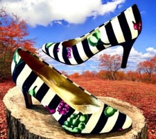 Bally Italy Vintage 80's Pump Silk Stripes Fruit MultiColor Womens 8