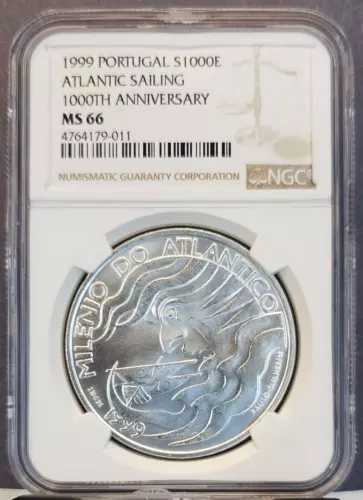 1999 PORTUGAL SILVER 1000 ESCUDOS ATLANTIC SAILING ANNIV NGC MS 66 GEM TOP POP