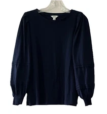 Crown & Ivy Women’s Size Large Navy Blue Preppy Pleated Balloon Sleeve Shirt Top
