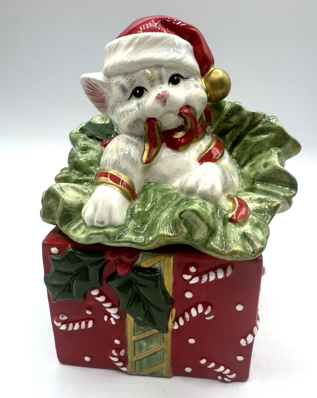 Fitz And Floyd Kitty Kringle Lidded Square Box Christmas Holiday Kitty Cat