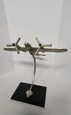 Aviation  Plane Chrome Metal Steel Dual Propeller On Stand  Collectible Decor