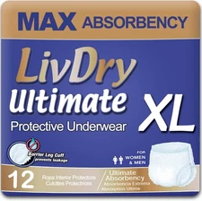 LivDry Ultimate Adult Incontinence Underwear, Max Absorbent XL 12 CT
