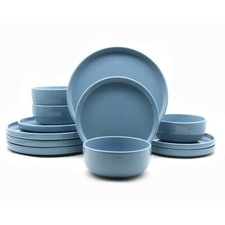 12 Piece Pastel Blue Lipped Stoneware Dinner Set Plates & Bowls Service for 4