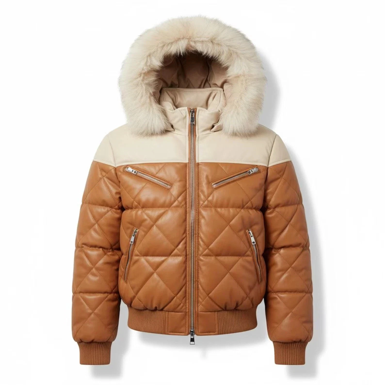 Men’s Two-Tone Genuine Quilted Leather Puffer Jacket with Fur Hood – Handmade