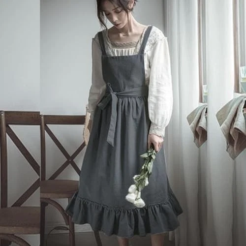 Vestido delantal vintage de algodón y lino para mujer con talla única gris oscuro Foto 3 de 4