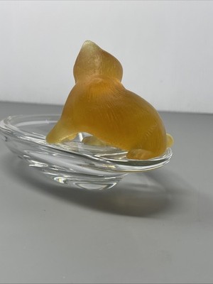 Daum France Hand Blown Crystal Cat at Pond Figurine Trinket Ring