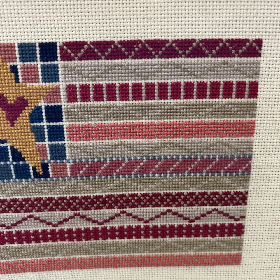 Folk Art Flag  cross stitch project on canvas stars & stripes Patriotic Framed - Image 3 of 4