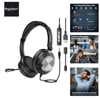 USB Headset mit Mikrofon für Laptop PC, Typ C-USB-3,5mm Jack, Wired On-Ear Ko...