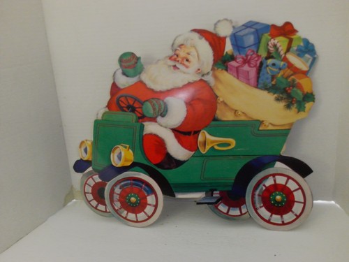 Santa Driving Antique Old Car Die Cut- Cut Out 1970's