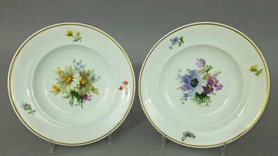 K2082 Paar KPM Berlin Teller, Blumenmalerei, Goldrand, um 1880, D=17cm