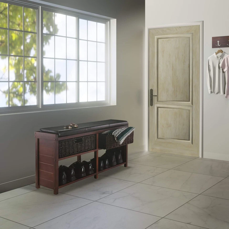 Winsome Colin Storage Bench with Seat Cushion and 2 Foldable Corn Husk Baskets,  - Image 3 of 4