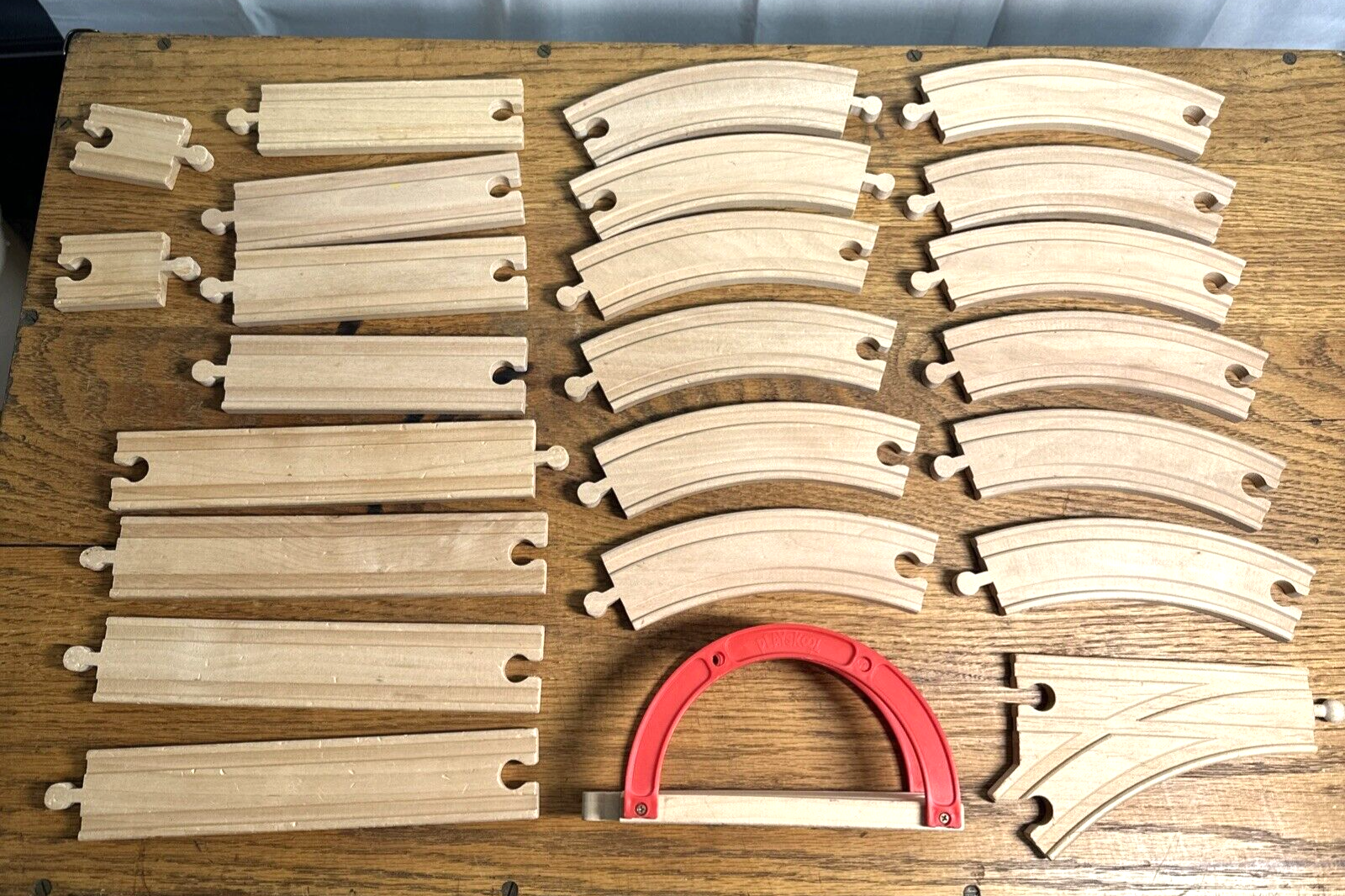 24 Mixed Vintage Wooden Train Tracks with Bridge & Assorted Shapes
