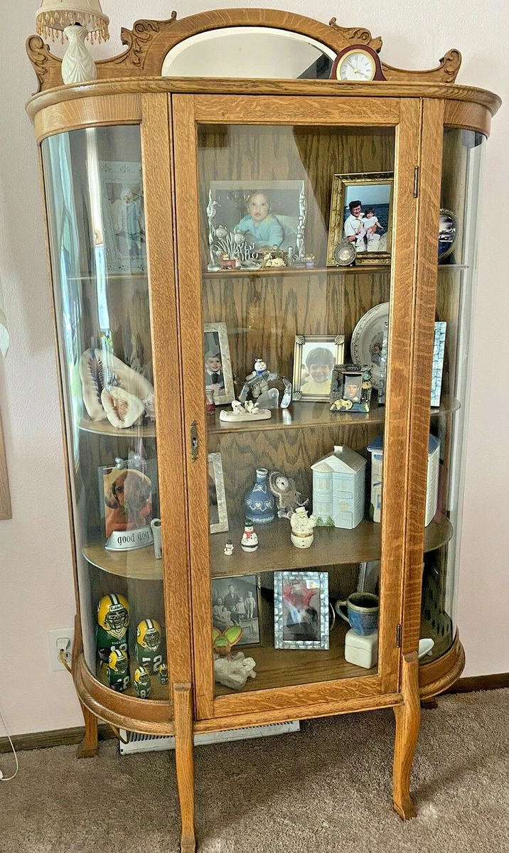Antique Oak Curved Beveled Glass China Cabinet Beveled Mirror Key Shipping