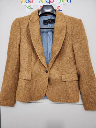Zara Blazer Womens L Mustard BRN Shetland Wool Tweed Elbow Patch Preppy Academia