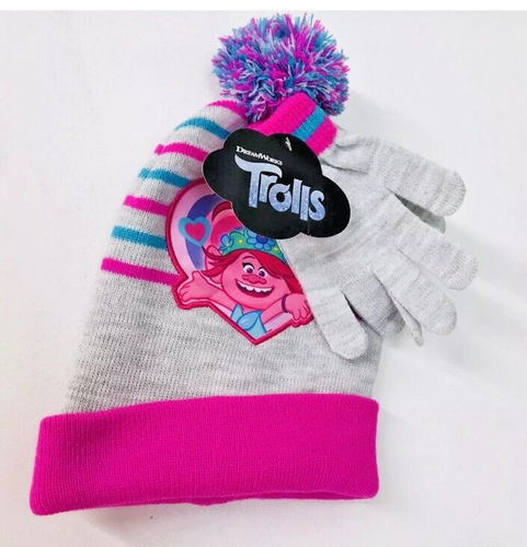NWT New Girls Dreamworks Trolls Hat & Gloves Set Pink Purple Sugar Cookieloaf
