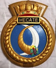 HMS Hecate Ship Crest Plaque – Hand-Painted, Solid Oak Mount, 1.110kg Royal Navy