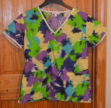 Delia Scrub Top V - Neck Multicolor Paint Splatter Pattern Cotton Blend Sz L New