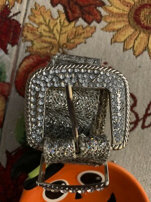 NWOT‎ Silver Metal Scales Belt with Rhinestone Buckle Elasticized Silver Belt With Large Floral And Rhinestone  main image 4