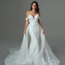 Trendy V-neck Wedding Dresses Tulle Lace Applique Off Shoulder Detachable Train