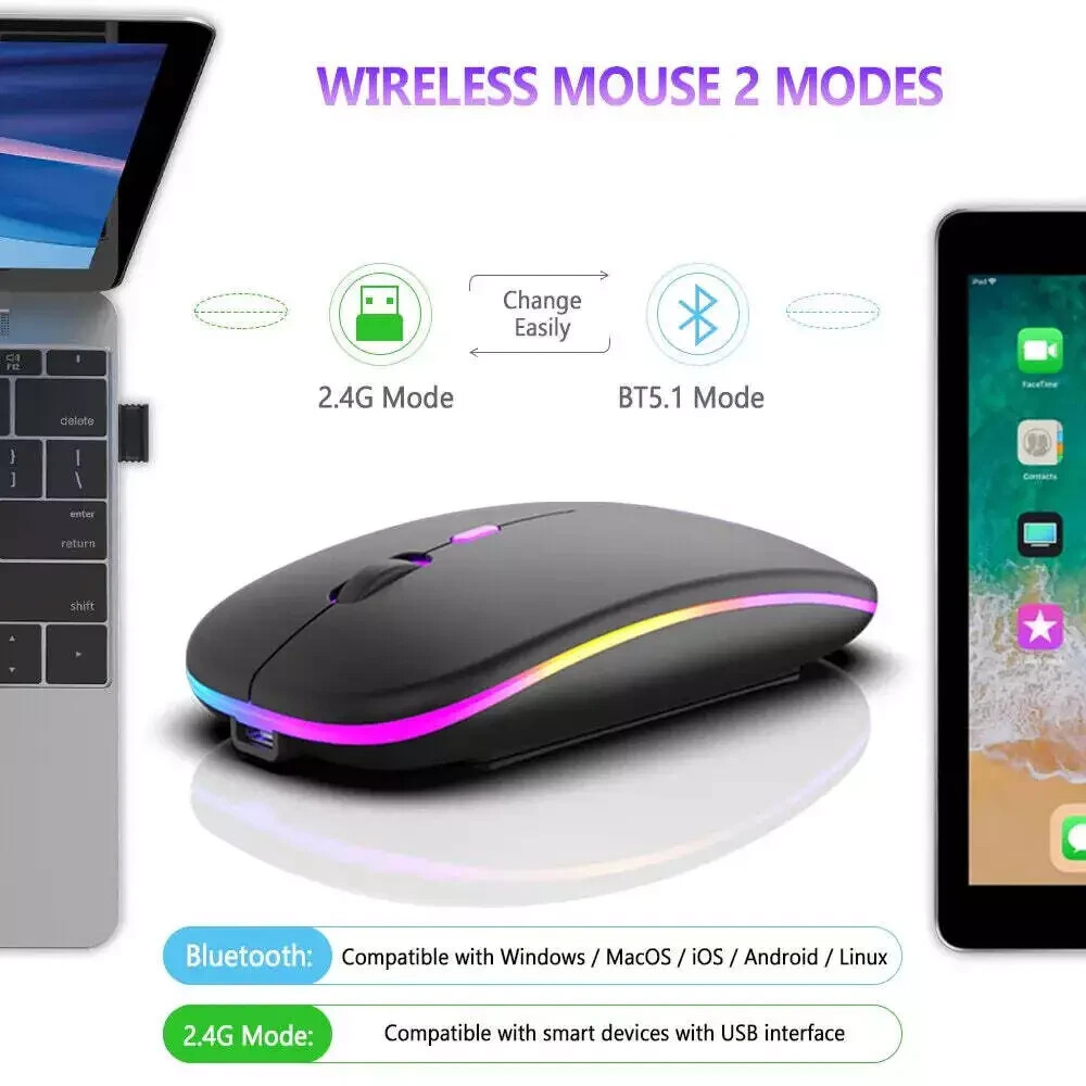 Wireless Bluetooth 2.4GHz RGB Ergonomic Silent Rechargeable Mouse-image
