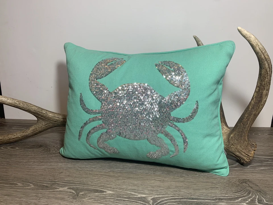 Thro By Marlo Lorenz Sequin Silver Crab Nautical Ocean Beach Throw Pillow HTF - Image 4 of 4