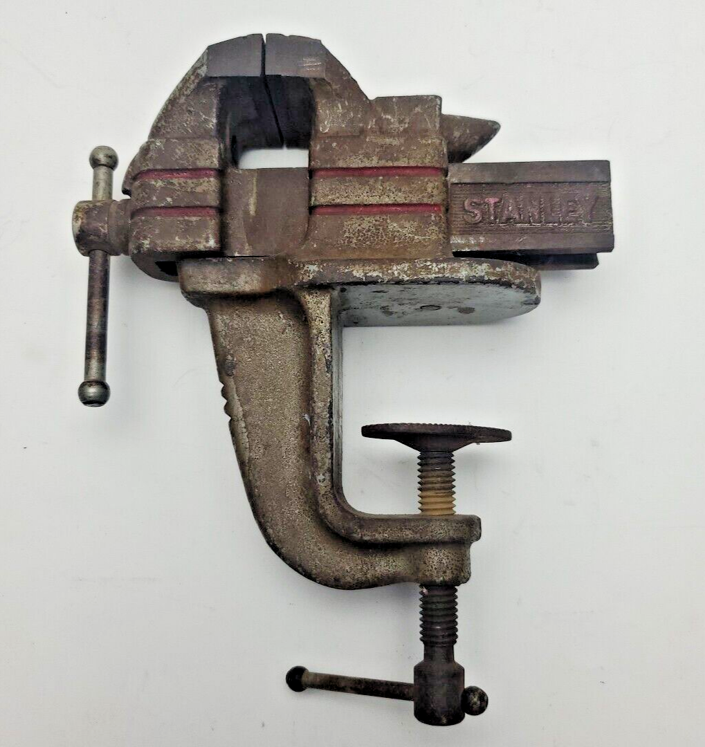 Vintage Stanley 2” Bench Vise Gray & Red Paint Clamp On Table Mount