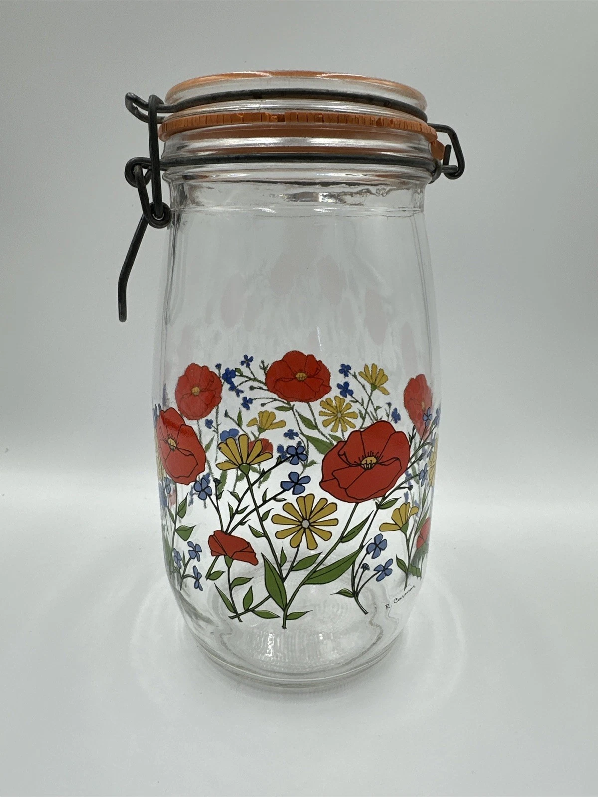 Vintage Arc France R. Carmen Wild Poppy Glass Hinged Jar Canister 9” Retro MCM