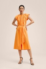 NWT Mango Orange Cotton Poplin Bow Pleated Midi Dress Sz L