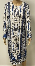 TORY BURCH Matte Printed Jersey Dress XL/TG Zip Back LS Malibu Blue Lisbon LS