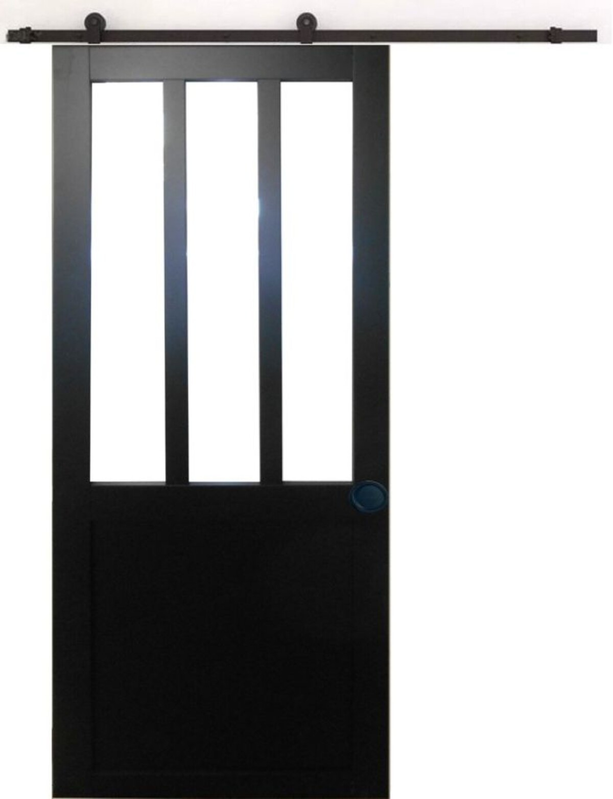 Porte coulissante atelier noir 204x93 avec rail en applique et poignée encastrée