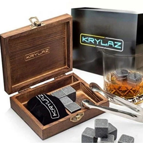 NEW Whiskey Stones Gift Set Wooden Box 9 Chilling Rocks Bourbon Bar Krylaz