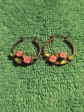 Sterling Silver Pink and Green Enamel Flower Hoop Earrings