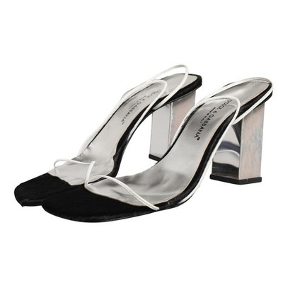 DOLCE & GABBANA Schuhe Silber Schwarz Leder Blockabsatz Sandalen EU40/US9,5 9...