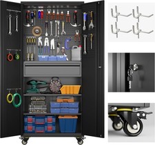 71" Metal Garage Storage Cabinet 16 Hooks Pegboards 1 Drawer Inside Rolling